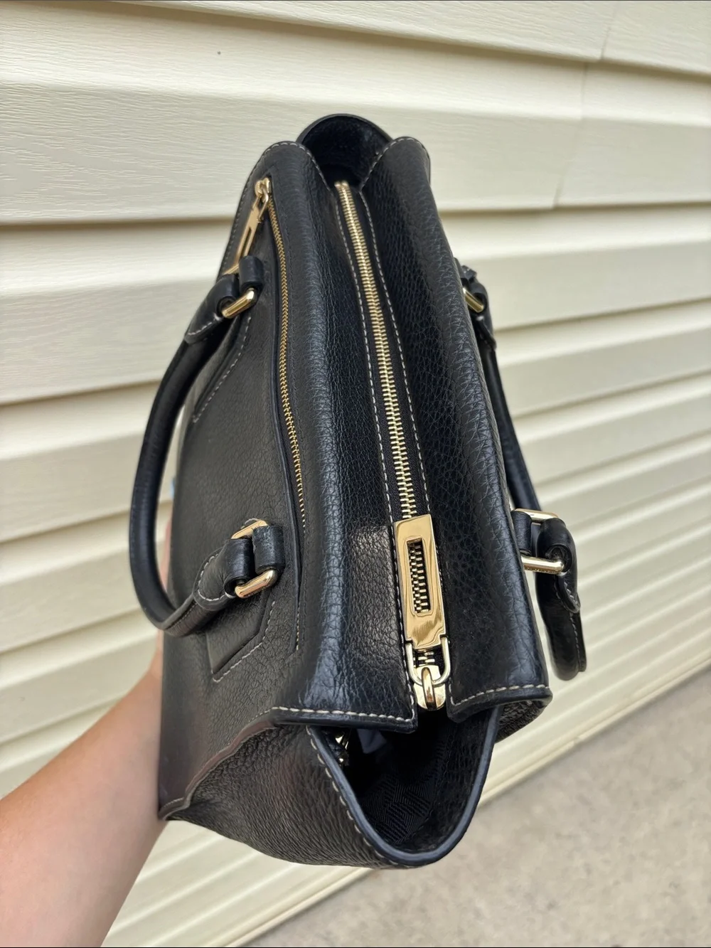 Michael Kors Black Pebbled Leather Top-Handle Satchel with Gold Hardware